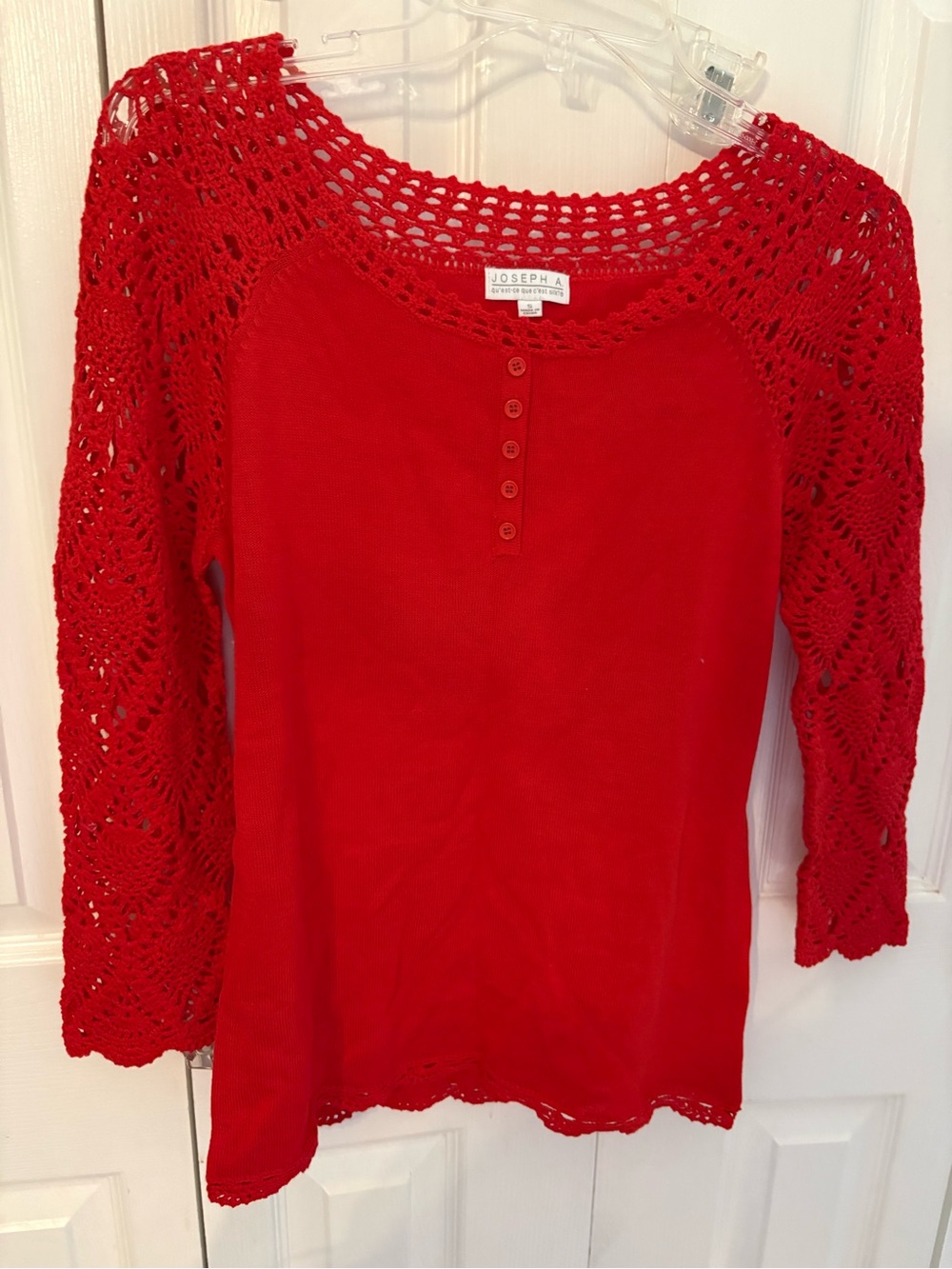 Joseph A Red Crochet-Sleeve Henley Knit Top